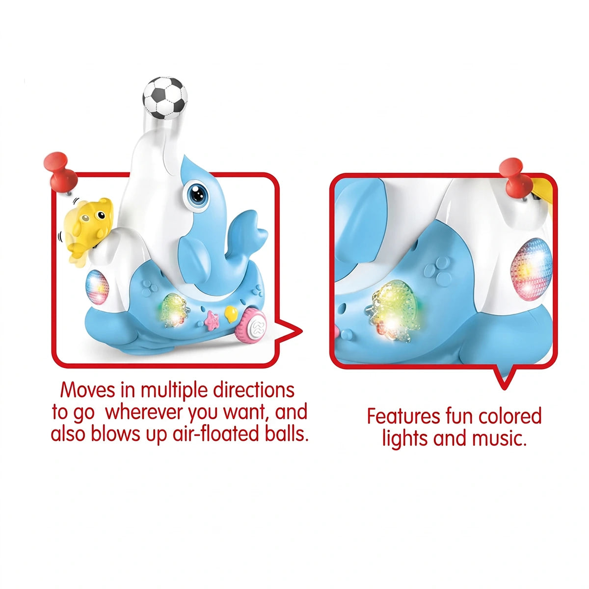 A blue dolphin-shaped musical toy that blows air to float a small soccer ball