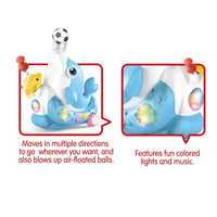 A blue dolphin-shaped musical toy that blows air to float a small soccer ball