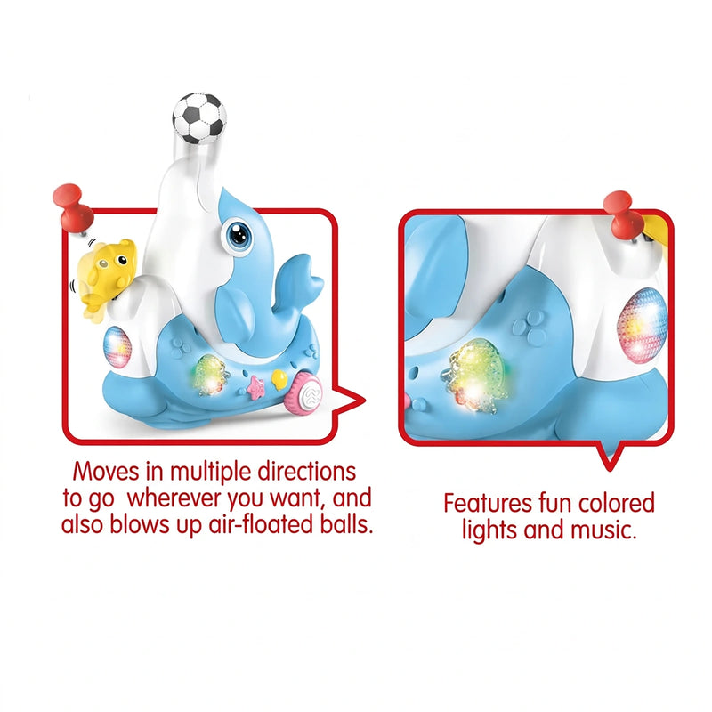 A blue dolphin-shaped musical toy that blows air to float a small soccer ball