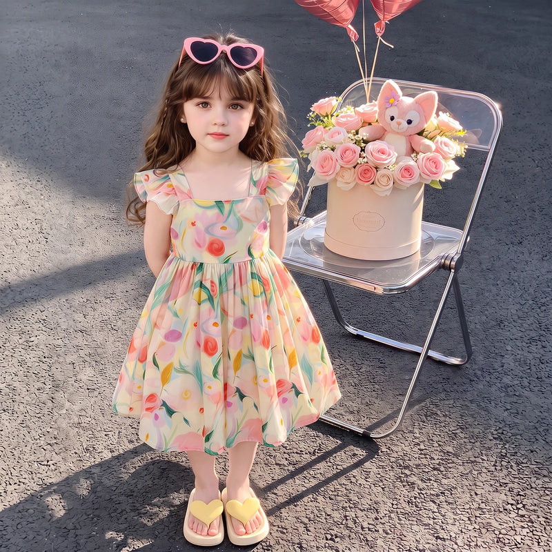Girls Apricot Floral Print Flutter Sleeve Fit & Flare Dress Casual Dresses Apricot 1-2 Y