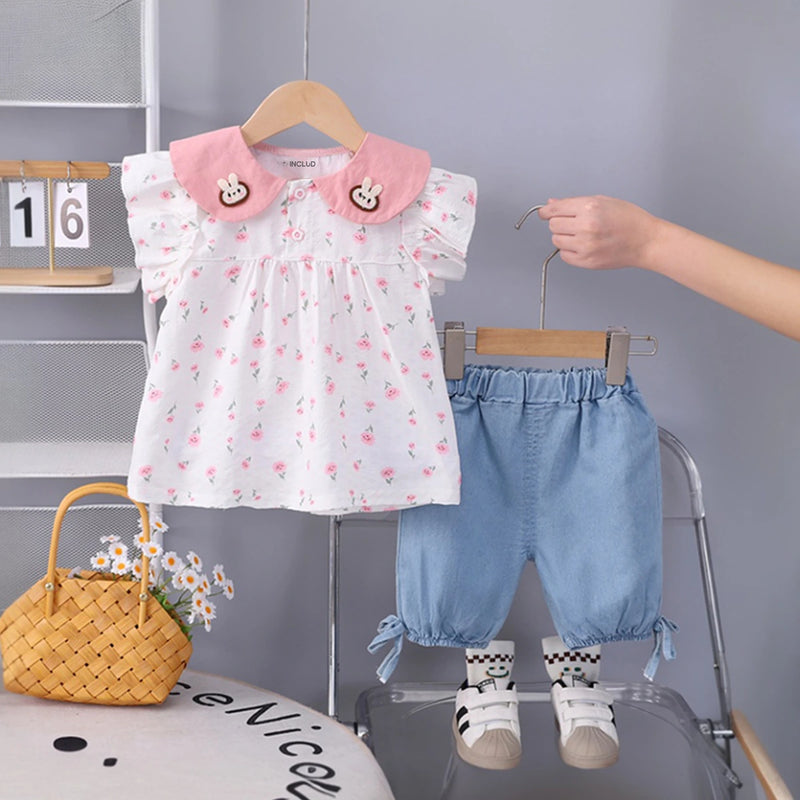 Girls Pink Floral Print Bunny Applique Top With Denim Shorts Set Sets Pink 1-2 Y