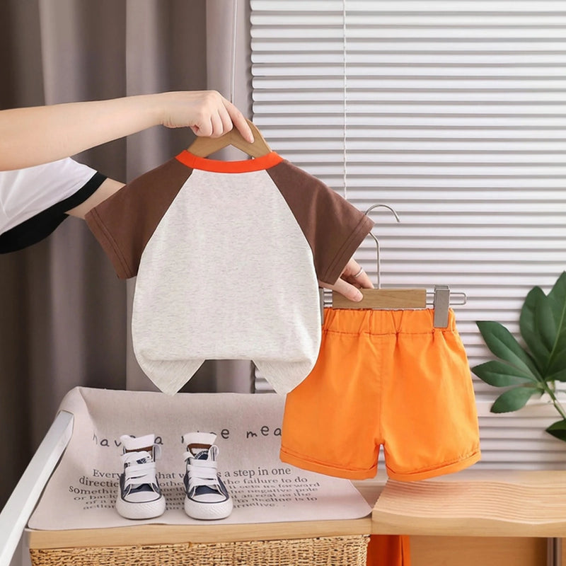 Boys Brown Dog Applique Raglan Sleeve T-Shirt With Double Pockets Shorts Sets Sets