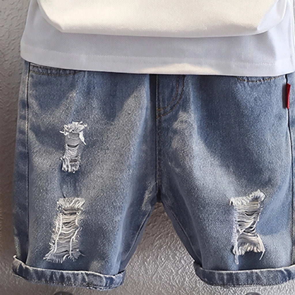 Boys White Short Sleeve Polo T-Shirt With Denim Shorts Sets 2 pc. Sets