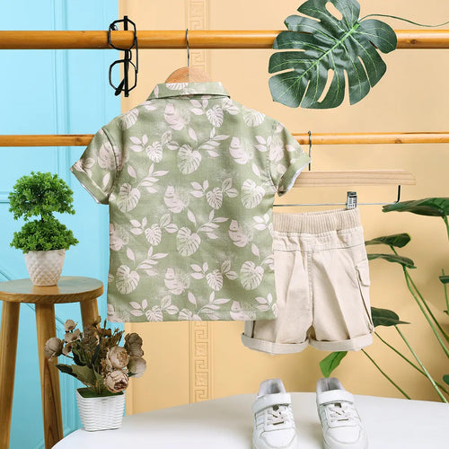 Boys Green Tropical Print Short Sleeve Shirt With Shorts Sets 2 pc. Sets
