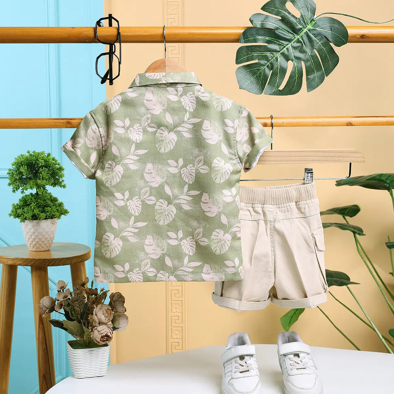 Boys Green Tropical Print Short Sleeve Shirt With Shorts Sets 2 pc. Sets