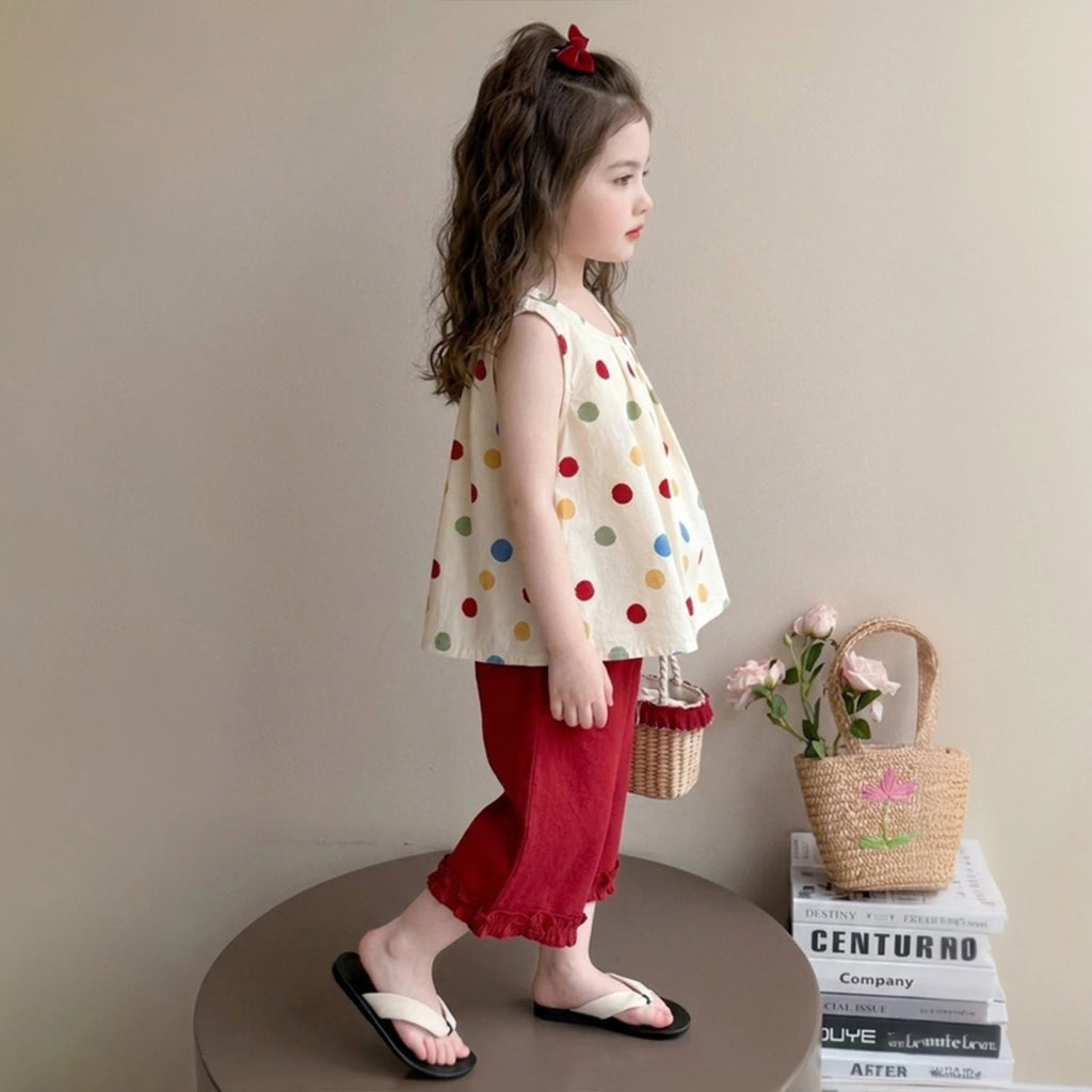 Girls Red Polka Dot Print Top With Elasticated Pants Sets Sets