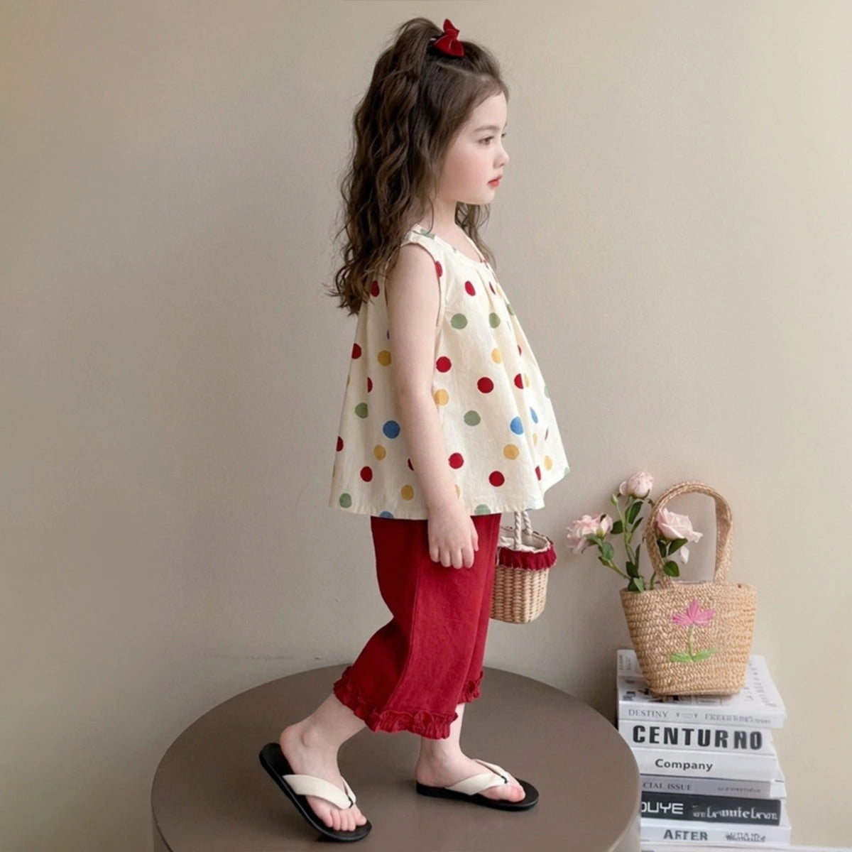 Girls Red Polka Dot Print Top With Elasticated Pants Sets Sets