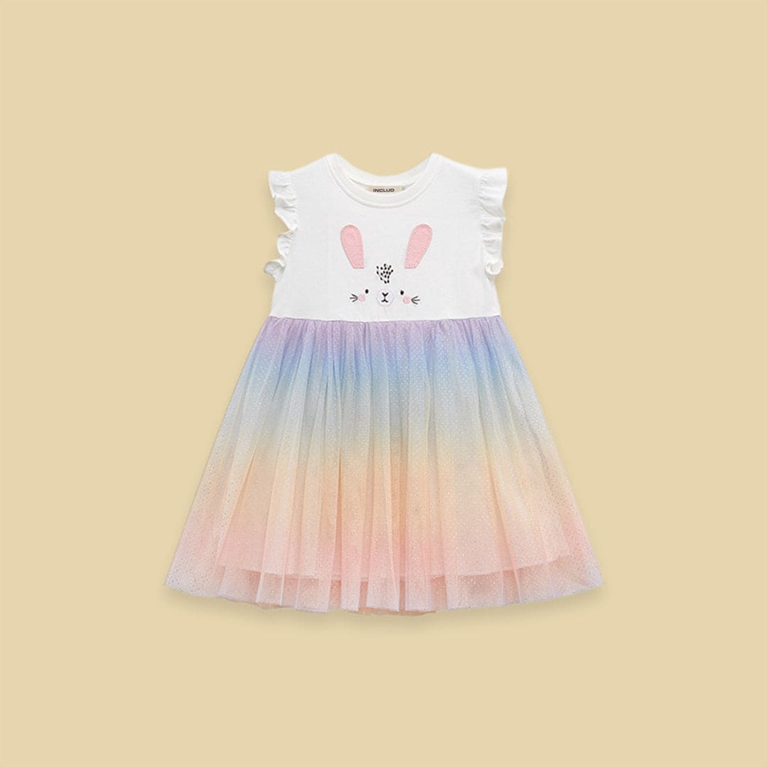 Girls Short Sleeve Foil Print Tulle Overlay Dress Casual Dresses   