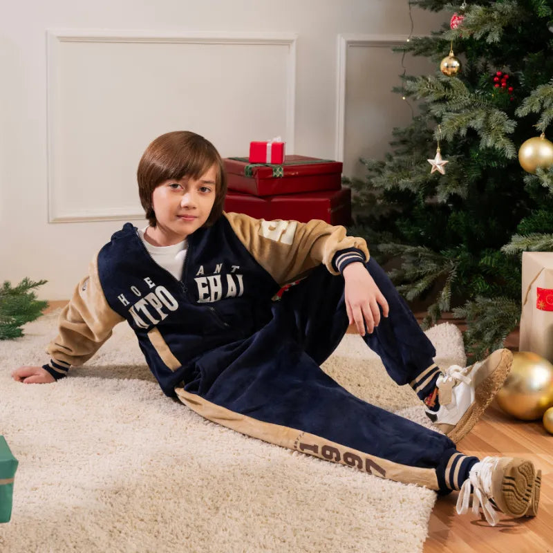 Boys Navy Blue Typographic Printed Hooded Zipper Jacket With Jogger Sets Sets