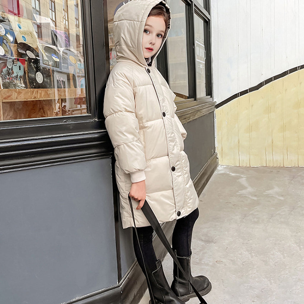 Girls Apricot Solid Puffer Hooded Down Jacket Coats & Jackets