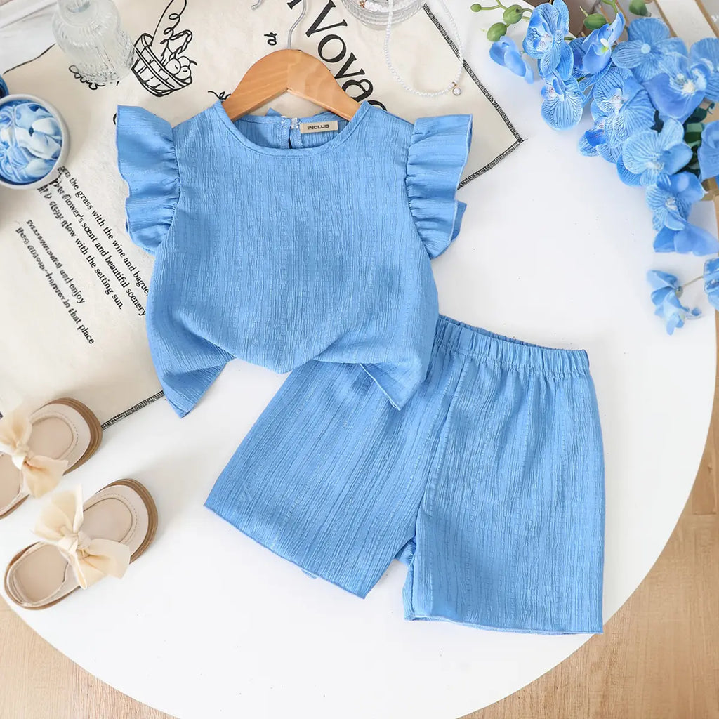Girls Blue Textured Bow Details Top With Shorts Co-ord Sets Sets Blue 3-4 Y