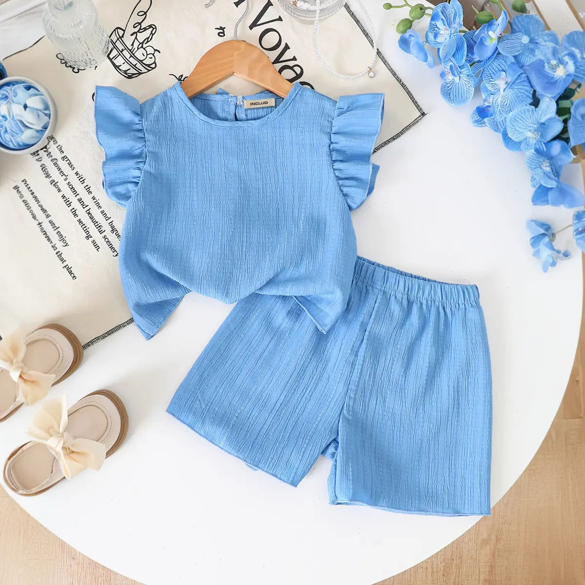 Girls Blue Textured Bow Details Top With Shorts Co-ord Sets Sets Blue 3-4 Y