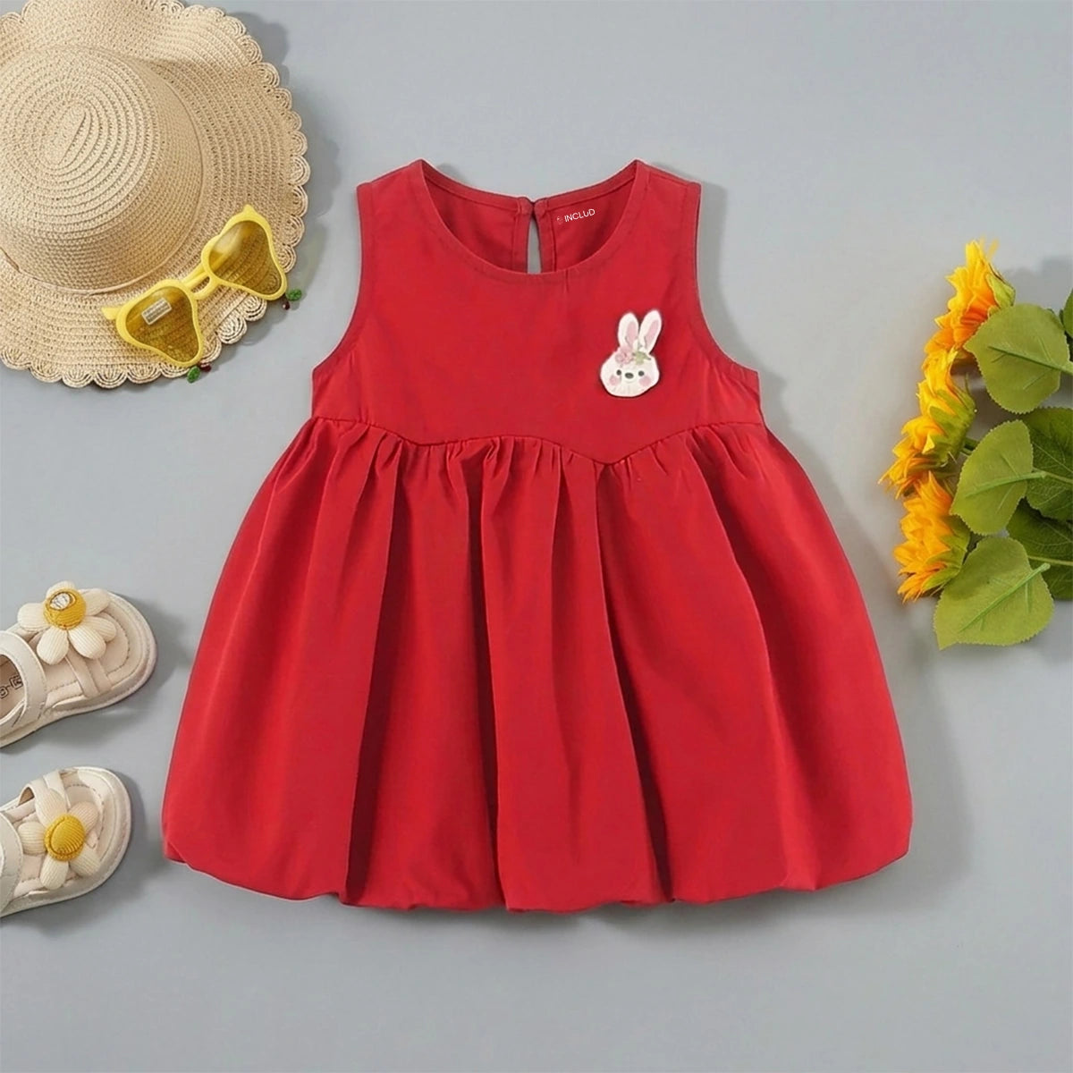 Girls Red Bunny Applique Balloon Dress Casual Dresses Red 1-2 Y