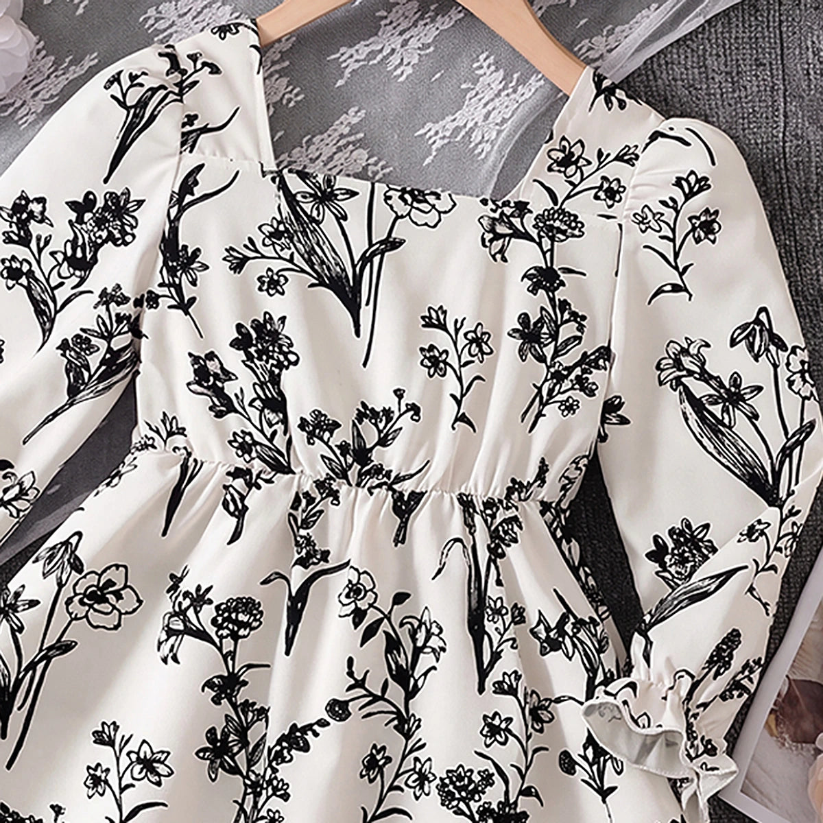 Girls Off White Floral Print Long Sleeve Fit & Flare Dress Casual Dresses