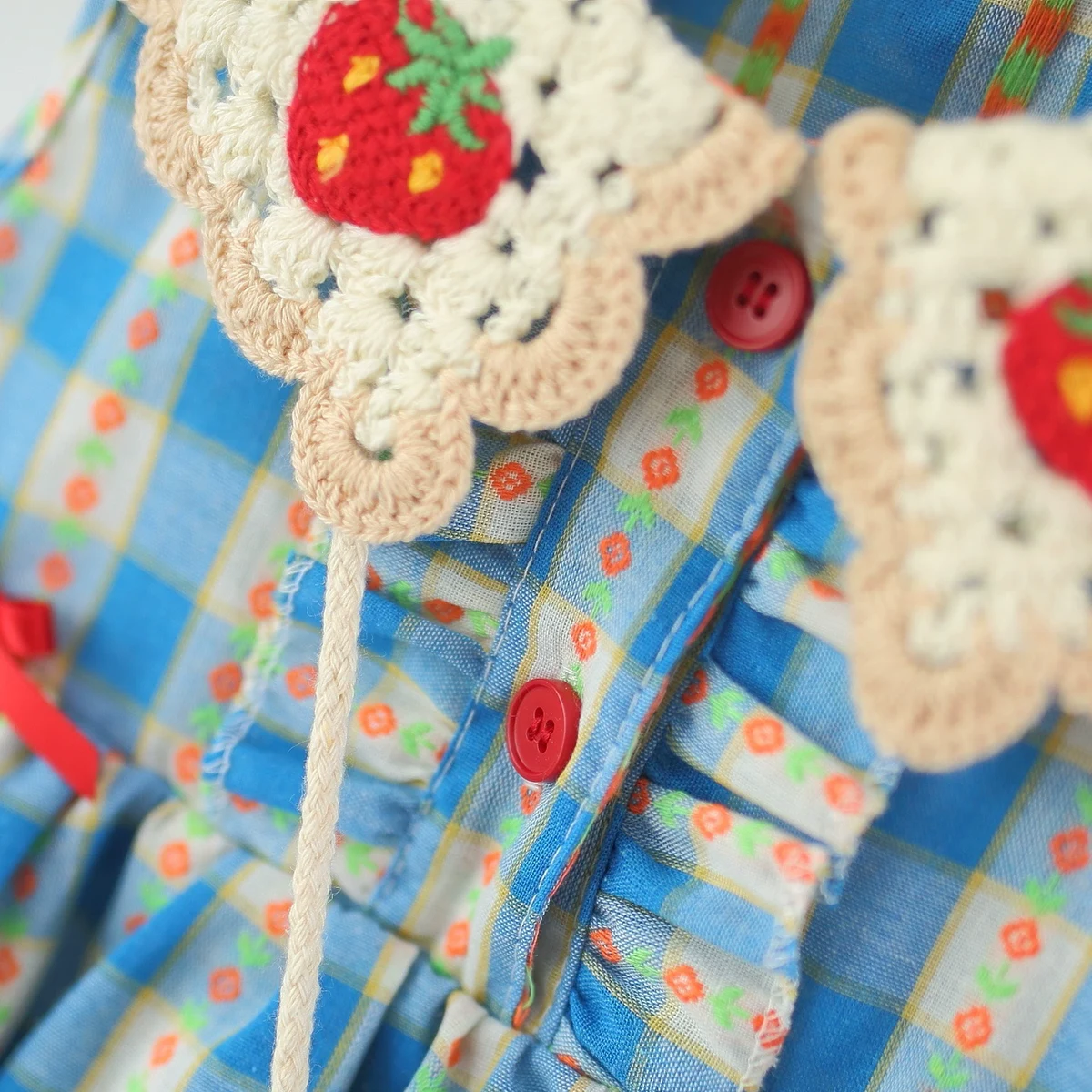 Girls Blue Strawberry Peter Pan Collar Balloon Dress With Bag Casual Dresses