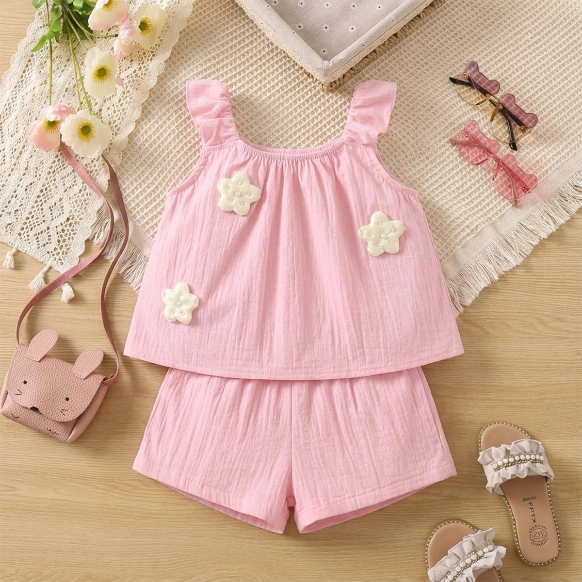 Girls Pink Floral Applique Top With Shorts Sets Sets Pink 1-2 Y