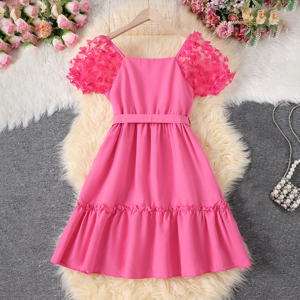 Girls Pink Butterfly Applique Short Sleeve Fit & Flare Dress Casual Dresses Pink 8-9 Y