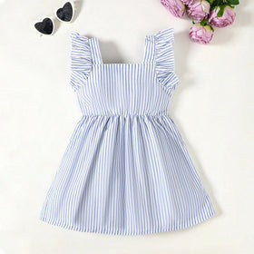 Girls Blue Flutter Sleeve Striped Fit & Flare Dress Casual Dresses