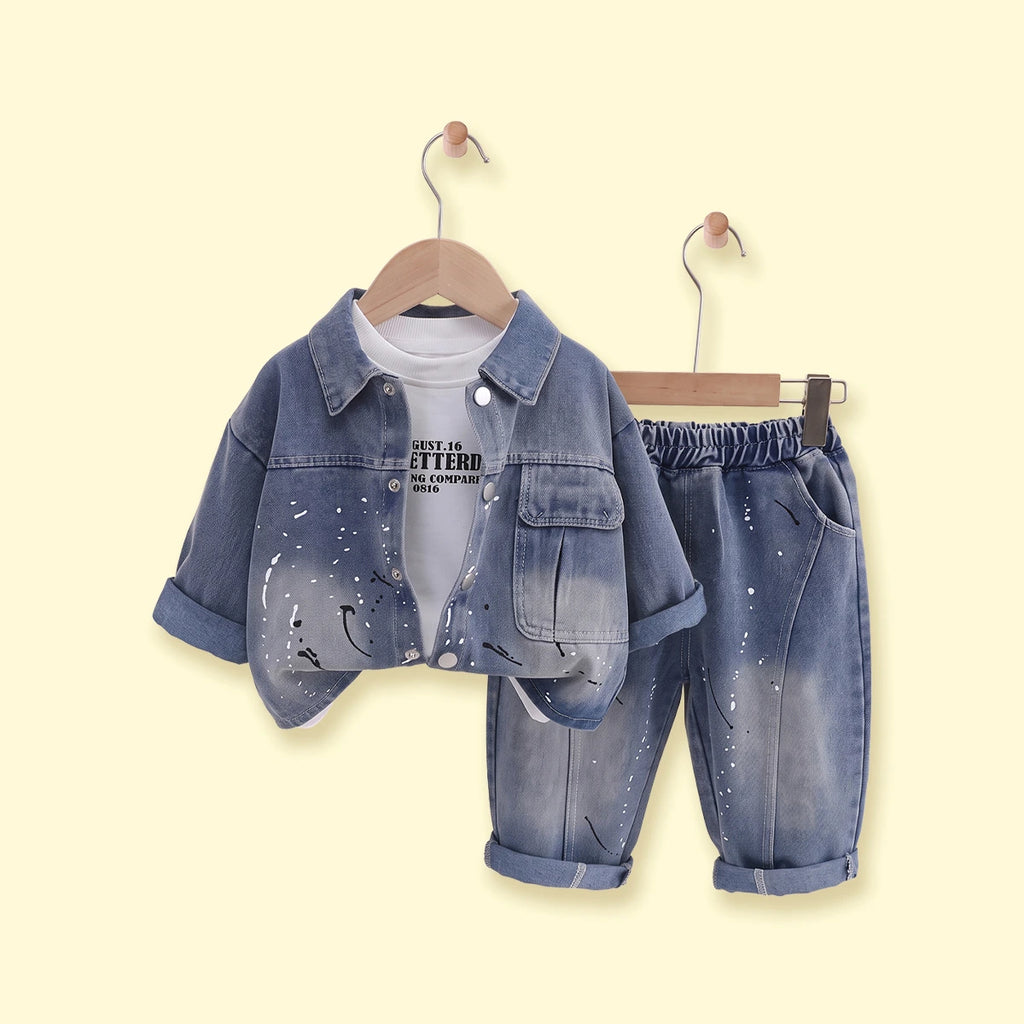 Boys Blue Splatter Print Denim Jacket & Pants With T-Shirt Sets 3 pc. Sets Blue 1-2 Y