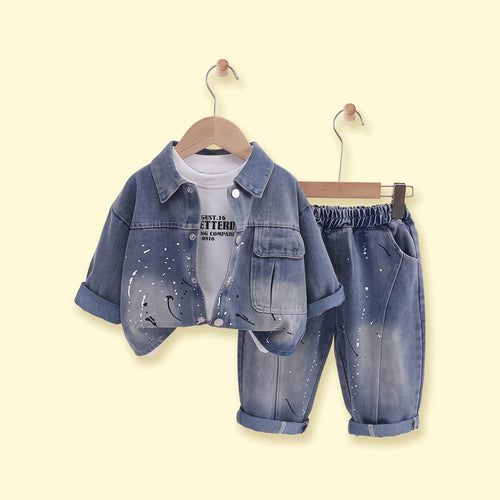 Boys Blue Splatter Print Denim Jacket & Pants With T-Shirt Sets 3 pc. Sets Blue 1-2 Y