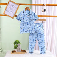Girls Blue Printed Short Sleeve Shirt With Elasticated Pants Sets Sets Blue 2-3 Y