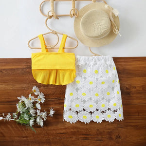 Girls Yellow Crop Top With Floral Daisy Pattern Lace A-line Skirt Sets Sets