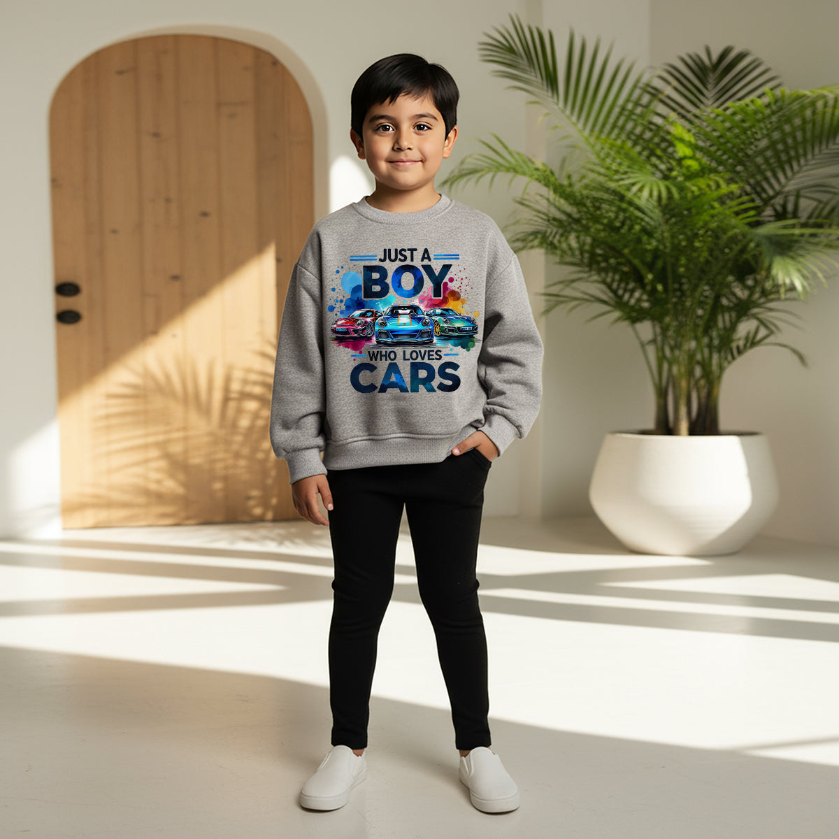 Boys Grey Car Graphics Round Neck Sweatshirt Sweatshirts & Hoodies Grey 2-3 Y