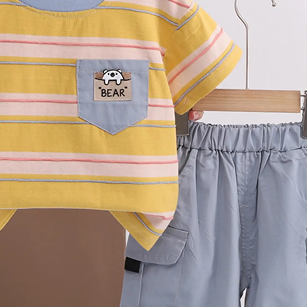 Boys Yellow Bear Pocket Striped T-Shirt With Cargo Shorts Sets 2 pc. Sets
