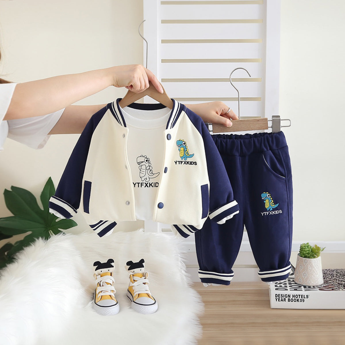 Boys Blue Dinosaur Printed Jacket With T-Shirt and Pants Set 3 pc. Sets Blue 1-2 Y