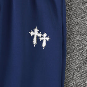 Boys Navy Blue Printed Fur Lined Sweatshirt With Pants Sets 2 pc. Sets