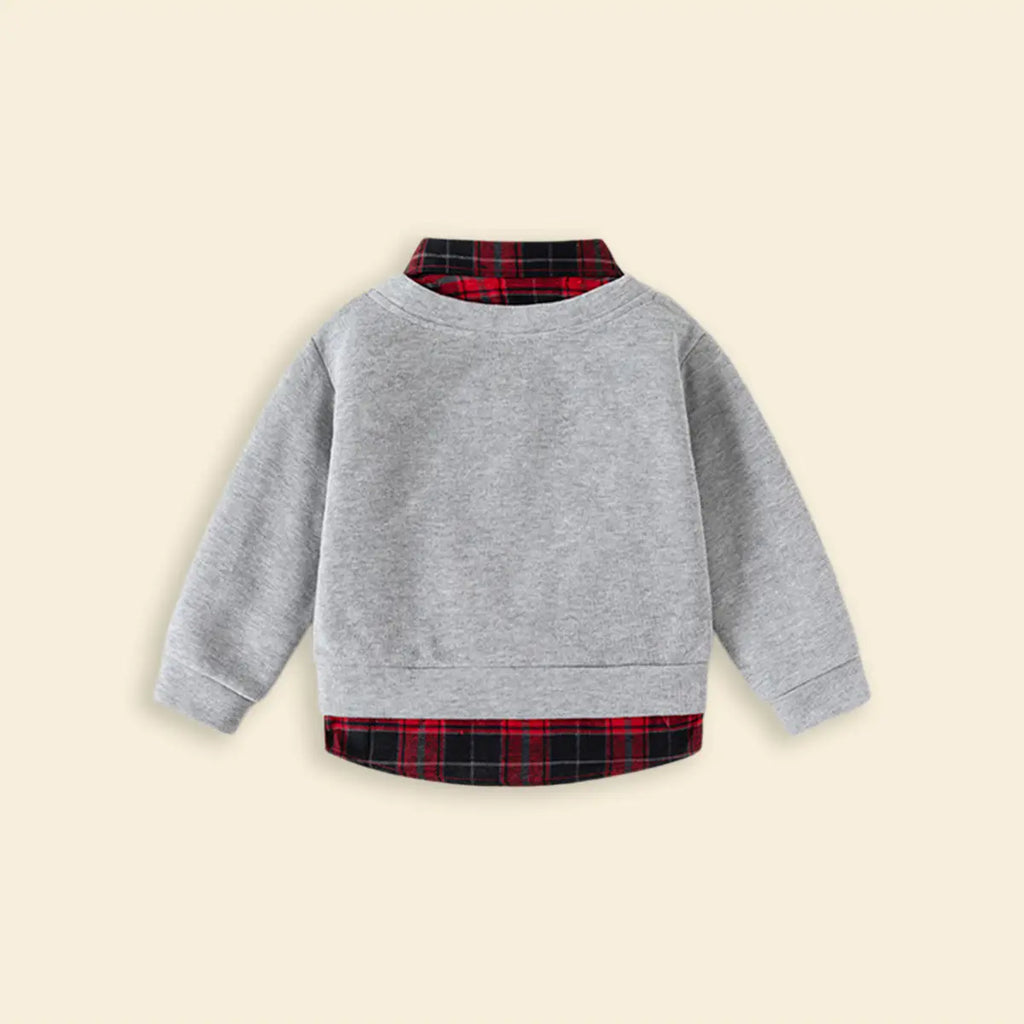 Boy Grey Faux Layered V-Neck Plaid Collared Sweater Sweaters & Cardigans
