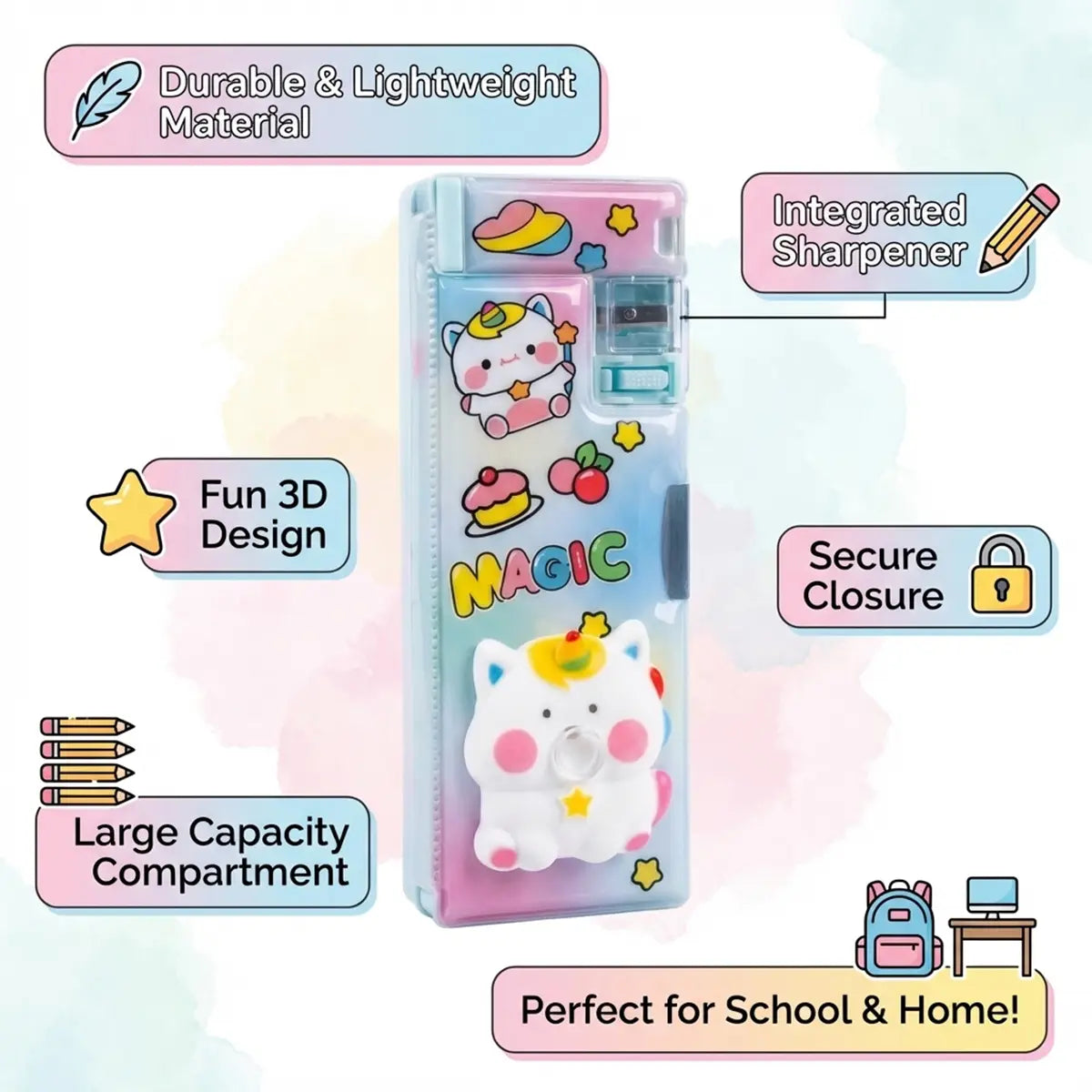 Unicorn Cat Cartoon Magnetic Pencil Box with Sharpener Cute Kids Stationery Organizer Trending Accessories