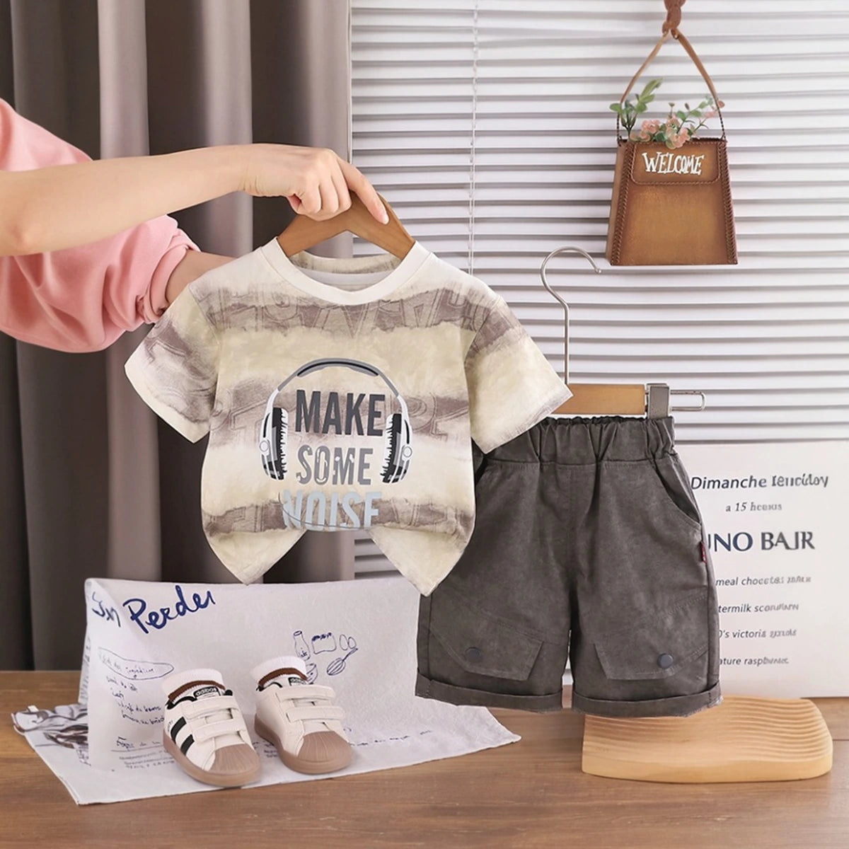 Boys Beige Headphone Graphic Printed Short Sleeve T-Shirt With Shorts Sets 2 pc. Sets Beige 1-2 Y