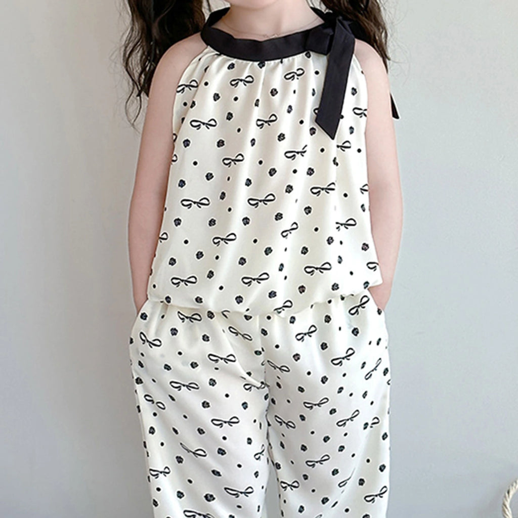 Girls Cream Bow Print Sleeveless Top With Elasticated Pants Sets Sets