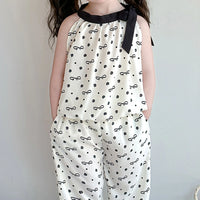 Girls Cream Bow Print Sleeveless Top With Elasticated Pants Sets Sets