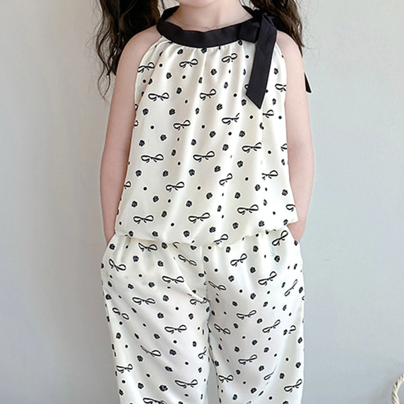 Girls Cream Bow Print Sleeveless Top With Elasticated Pants Sets Sets