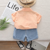 Boys Orange Blue Ocean Print Short Sleeve Shirt With Denim Shorts Set 2 pc. Sets