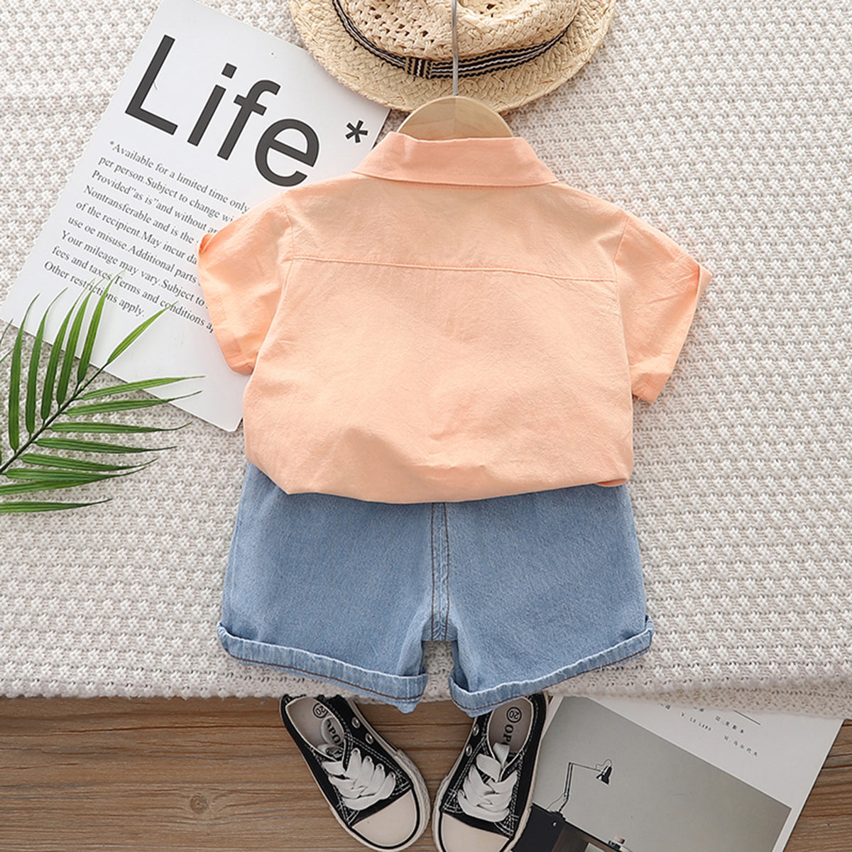 Boys Orange Blue Ocean Print Short Sleeve Shirt With Denim Shorts Set 2 pc. Sets