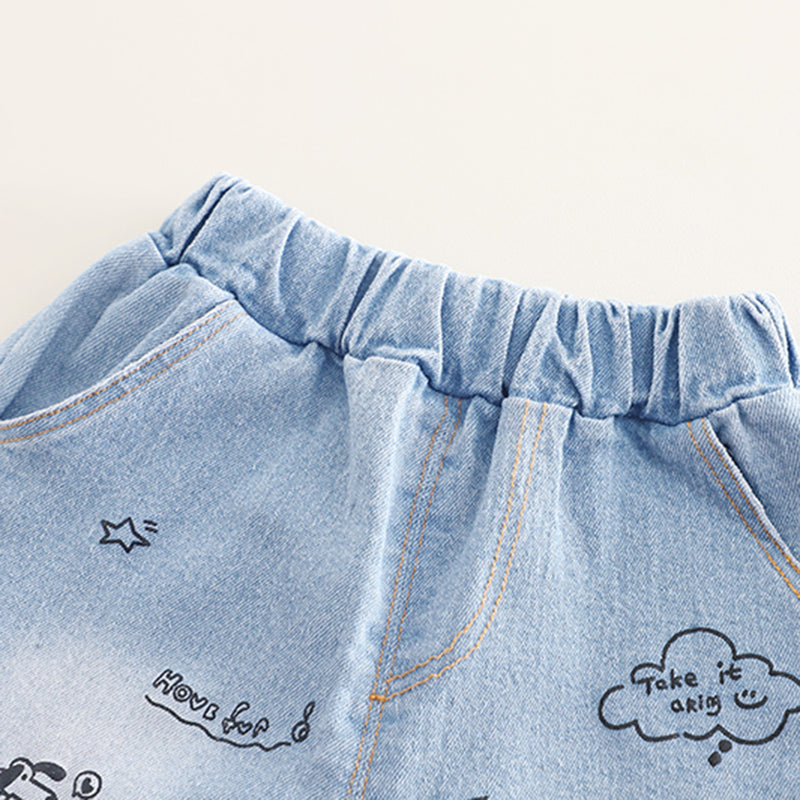 Boys Apricot Graphic Short Sleeves T-Shirt With Printed Denim Shorts Set 2 pc. Sets