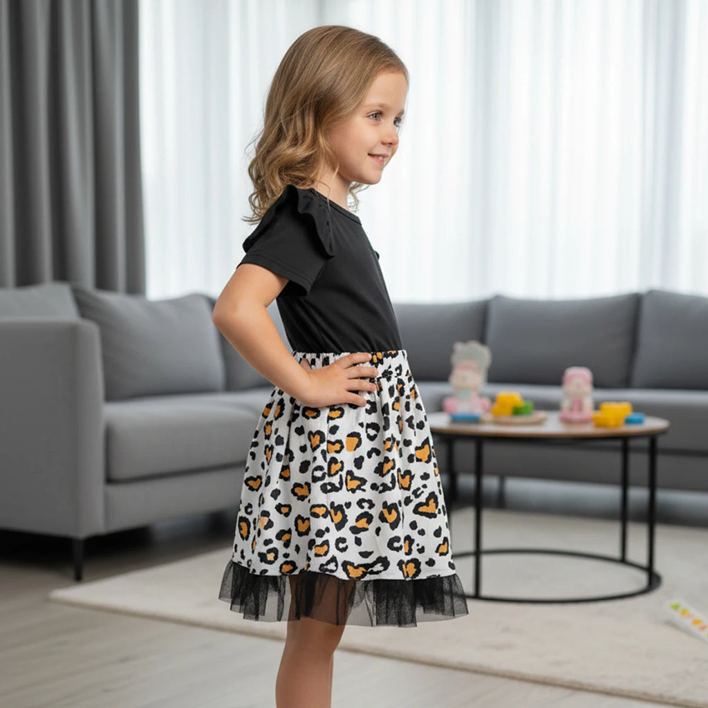 Girls Black Leopard Print Flutter Sleeve Fit & Flare Dress Casual Dresses