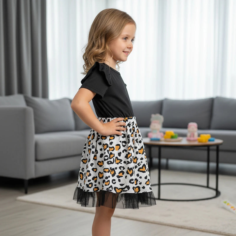 Girls Black Leopard Print Flutter Sleeve Fit & Flare Dress Casual Dresses