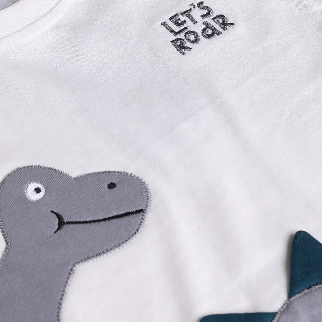 Boys White Dinosaur Applique Short Sleeve T-Shirt With Elasticated Shorts Sets 2 pc. Sets