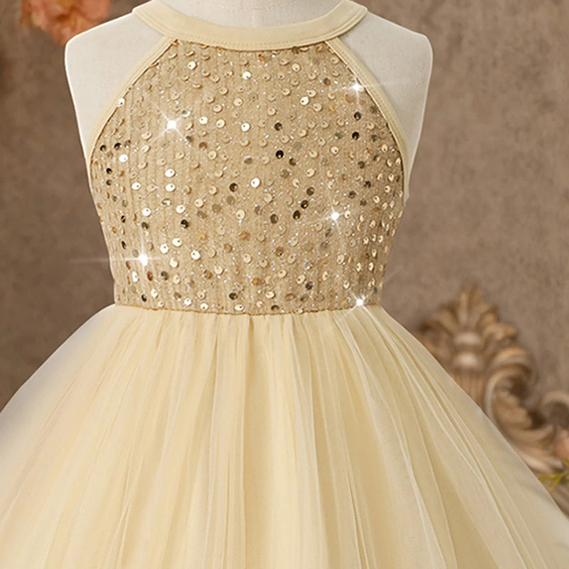 Girls Beige Sequin Embellished Sleeveless Fit & Flare Dress Casual Dresses