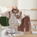 Boys Brown Striped Contrast Collared Polo T-Shirt With Shorts Set 2 pc. Sets Brown 1-2 Y