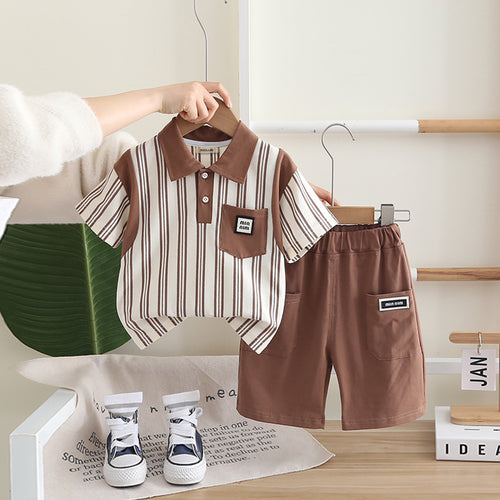 Boys Brown Striped Contrast Collared Polo T-Shirt With Shorts Set 2 pc. Sets Brown 1-2 Y