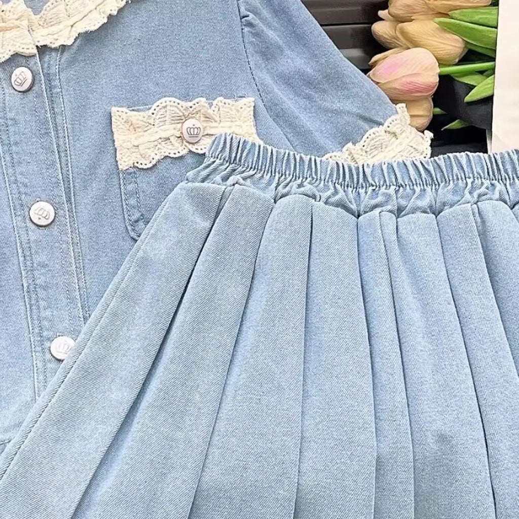 Girls Light Blue Puff Sleeve Top With Denim Skirt Sets 2 pc. Sets