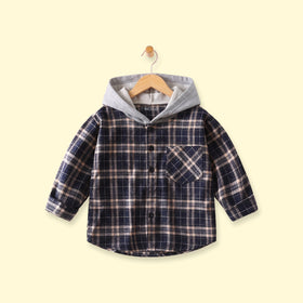 Boys Navy Blue Checked Long Sleeve Hooded Shirt Shirts Navy Blue 1-2 Y