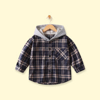 Boys Navy Blue Checked Long Sleeve Hooded Shirt Shirts Navy Blue 1-2 Y