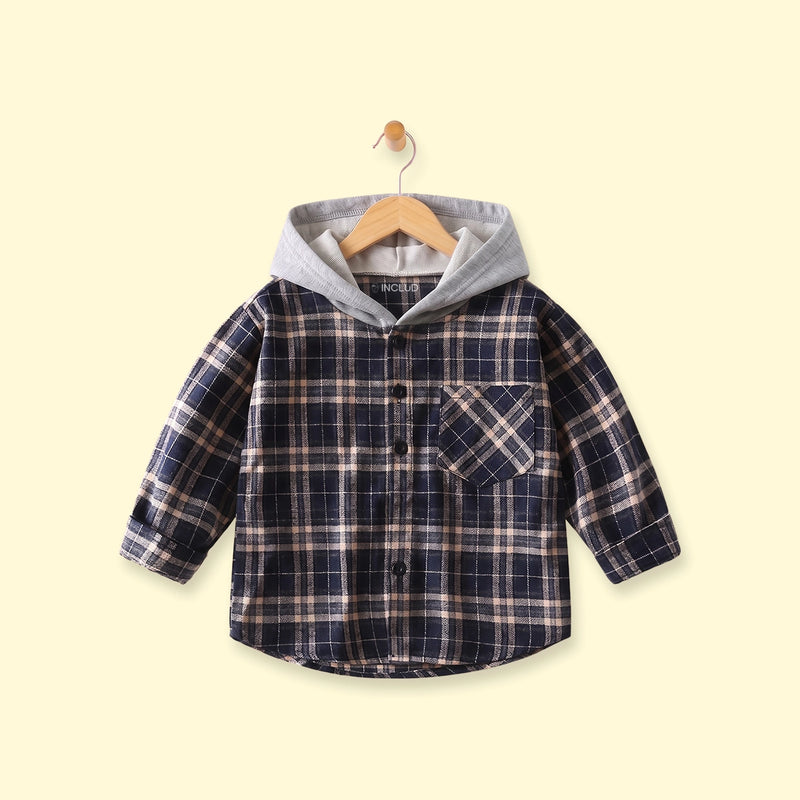 Boys Navy Blue Checked Long Sleeve Hooded Shirt Shirts Navy Blue 1-2 Y