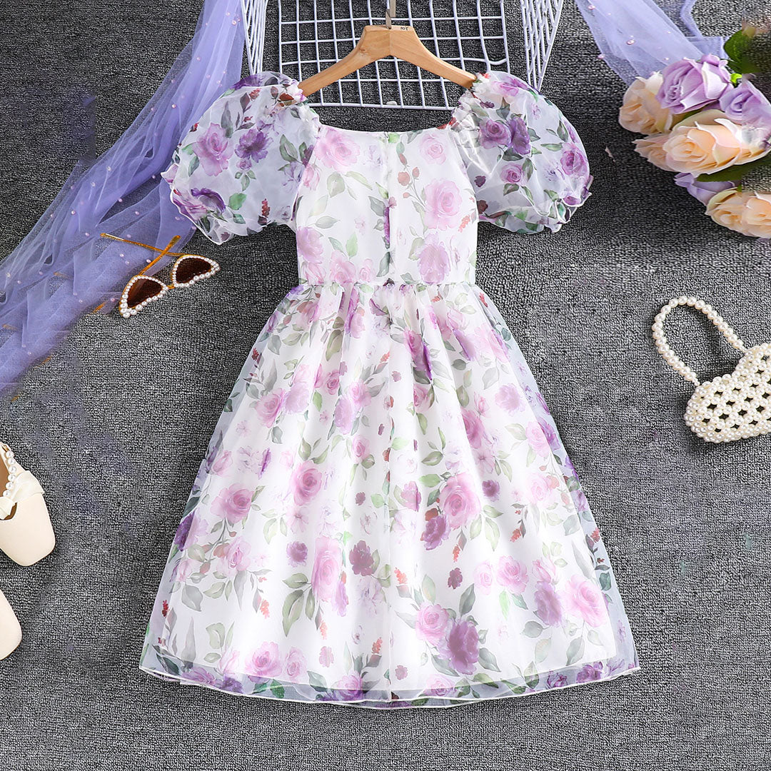 Girls White Floral Print Short Sleeve Fit & Flare Dress Casual Dresses